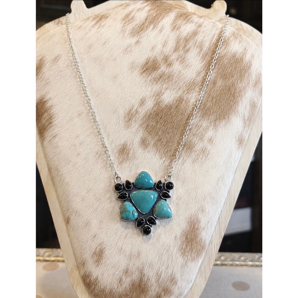 Kingman Turquoise Black Onyx Necklace 925 necklace 21"